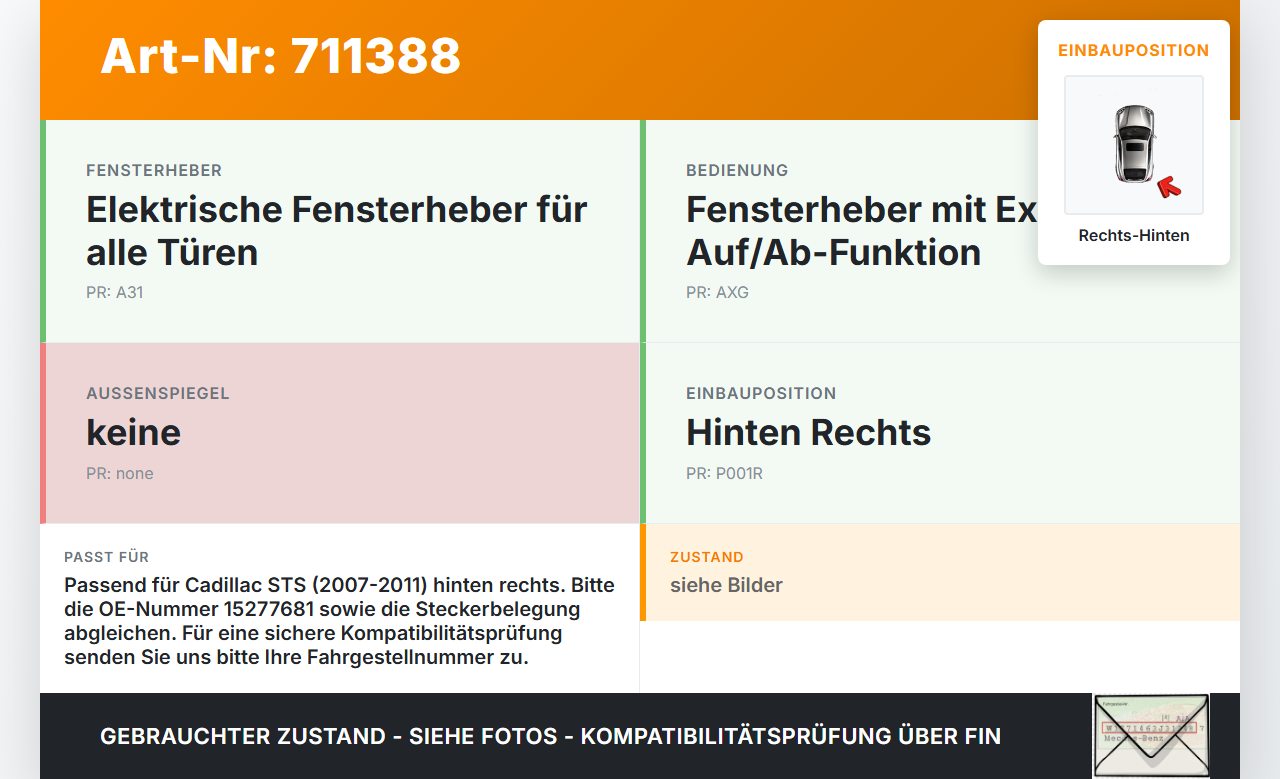 Cadillac STS 07-11 Fensterhebermotor mit Fensterheber Rechts Hinten Cadillac STS 07-11 27.06.2008 15277681... Vorschau 3