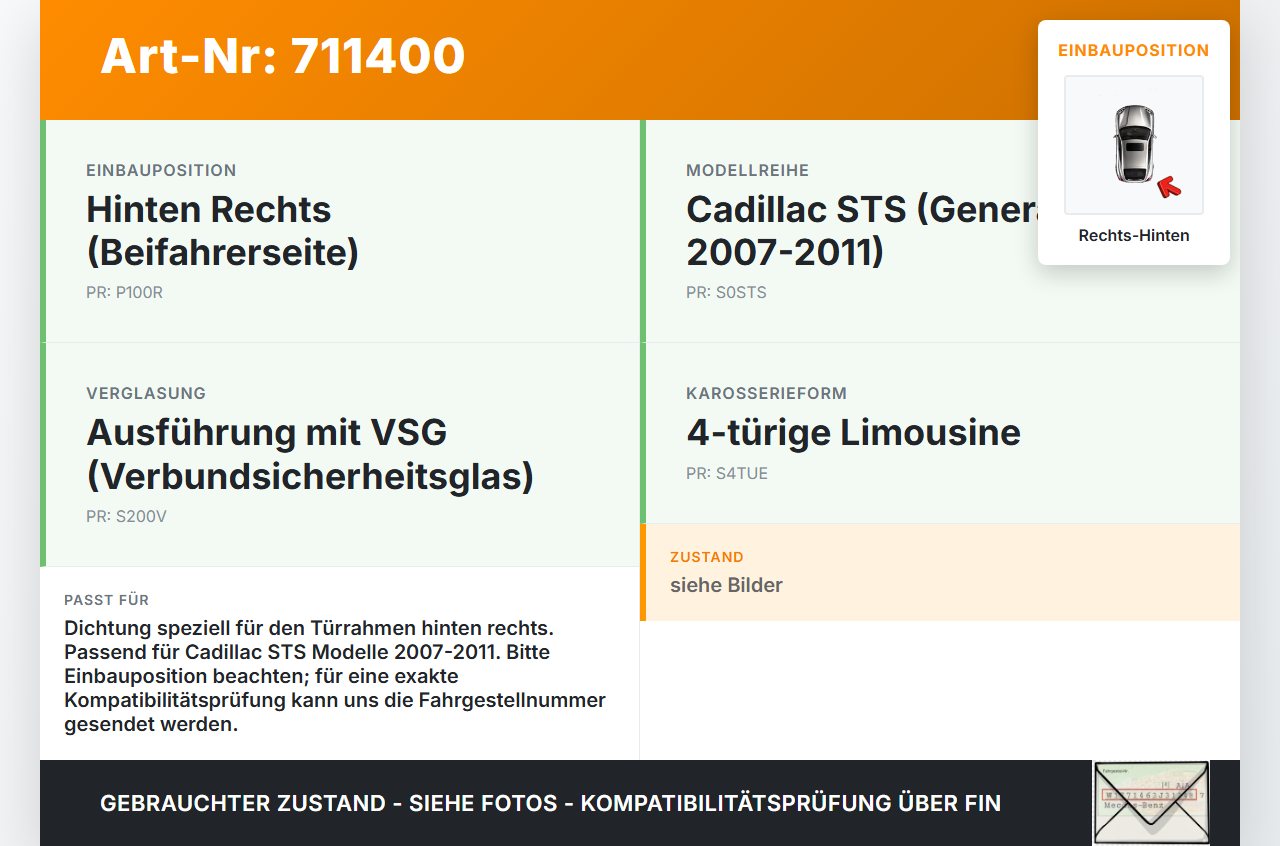 Cadillac STS 07-11 Dichtung für Rahmen Tür Rechts Hinten Cadillac STS 07-11 27.06.2008 gebraucht Vorschau 3