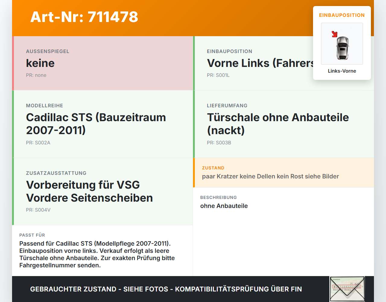 Cadillac STS 07-11 Tür Fahrertür Links Vorne DK Cadillac STS 07-11 27.06.2008 gebraucht Vorschau 3