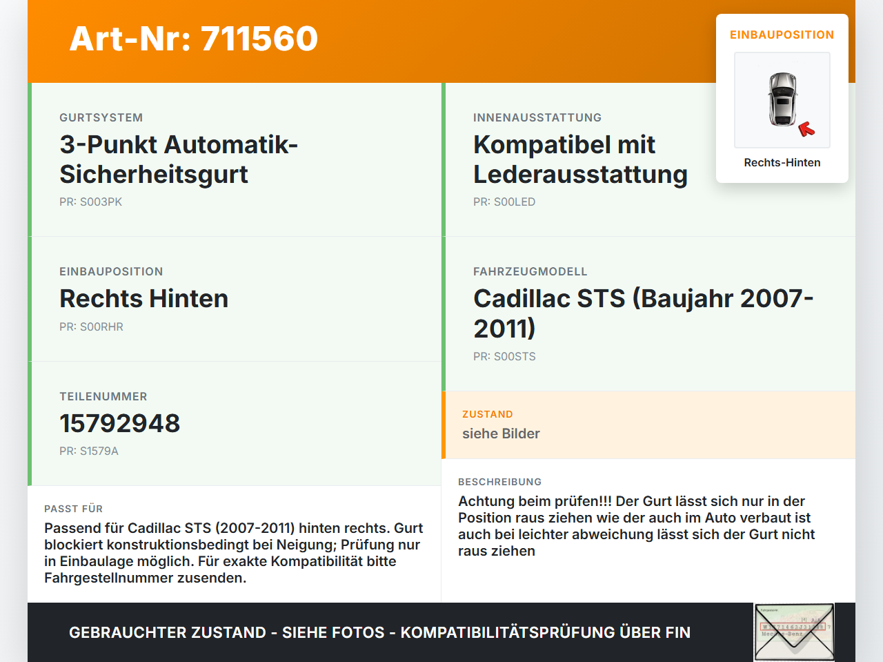Cadillac STS 07-11 Gurt Sicherheitsgurt Rechts Hinten Cadillac STS 07-11 27.06.2008 15792948 0351976 gebraucht Vorschau 3
