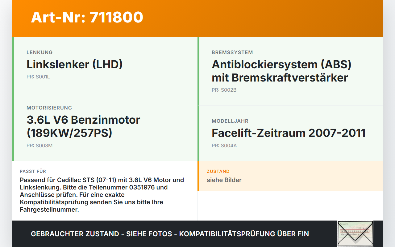 Cadillac STS 07-11 3,6 189KW Bremskraftverstärker Cadillac STS 07-11 27.06.2008 0351976 gebraucht Vorschau 3