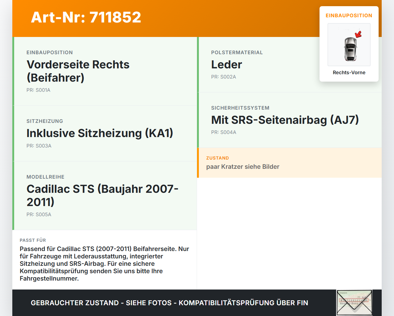 Cadillac STS 07-11 Rückenpolster Rechts Vorne für Beifahrer Sitz SRS Cadillac STS 07-11 27.06.2008 gebraucht Vorschau 3