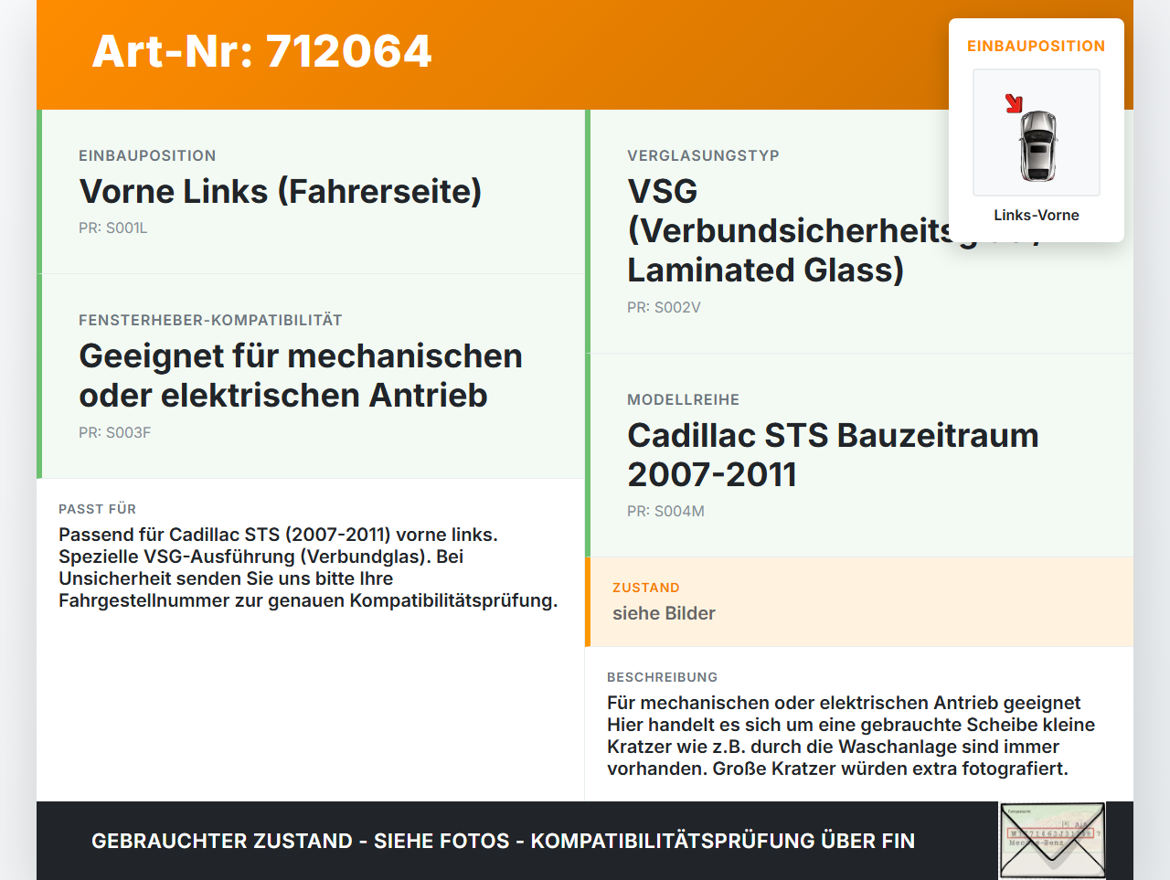 Cadillac STS 07-11 LVK Seitenscheibe für Tür Fenster Türscheibe Links Vorne VSG Cadillac STS 07-11 27.06.2008 gebraucht Vorschau 3