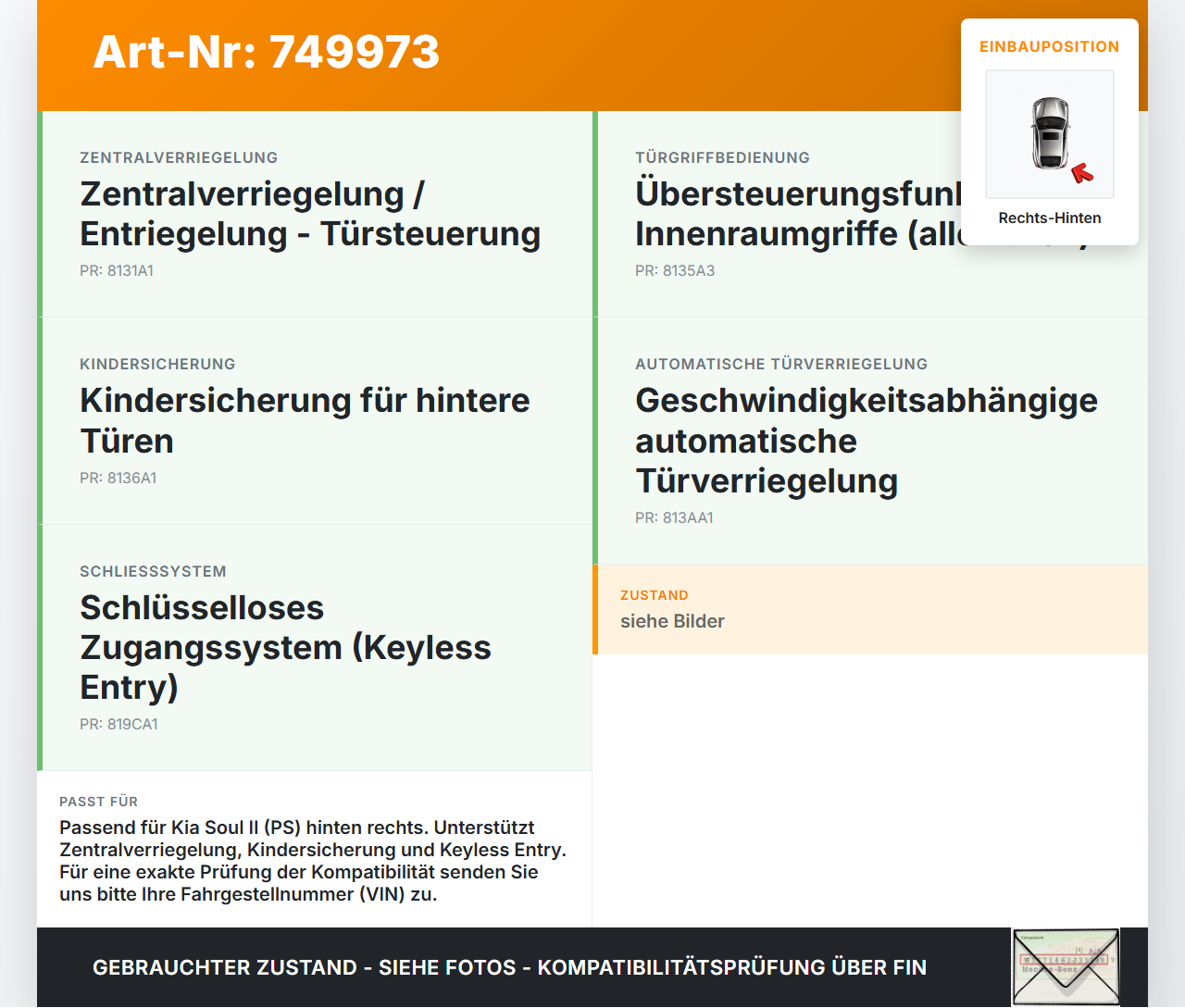 Kia Soul II PS 14-19 Türschloss m. ZV Stellmotor Rechts Hinten Kia Soul II PS 14-19 30.01.2015 81420B2010... Vorschau 3
