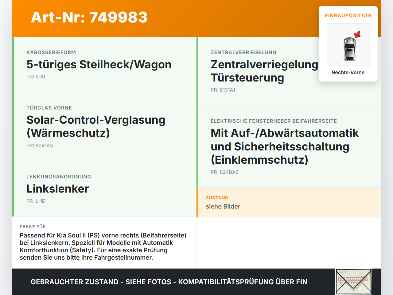 Kia Soul II PS 14-19 Fensterheber o. FH-Motor Rechts Vorne Kia Soul II PS 14-19 30.01.2015 S18-S340-K90-FR gebraucht Vorschau 3