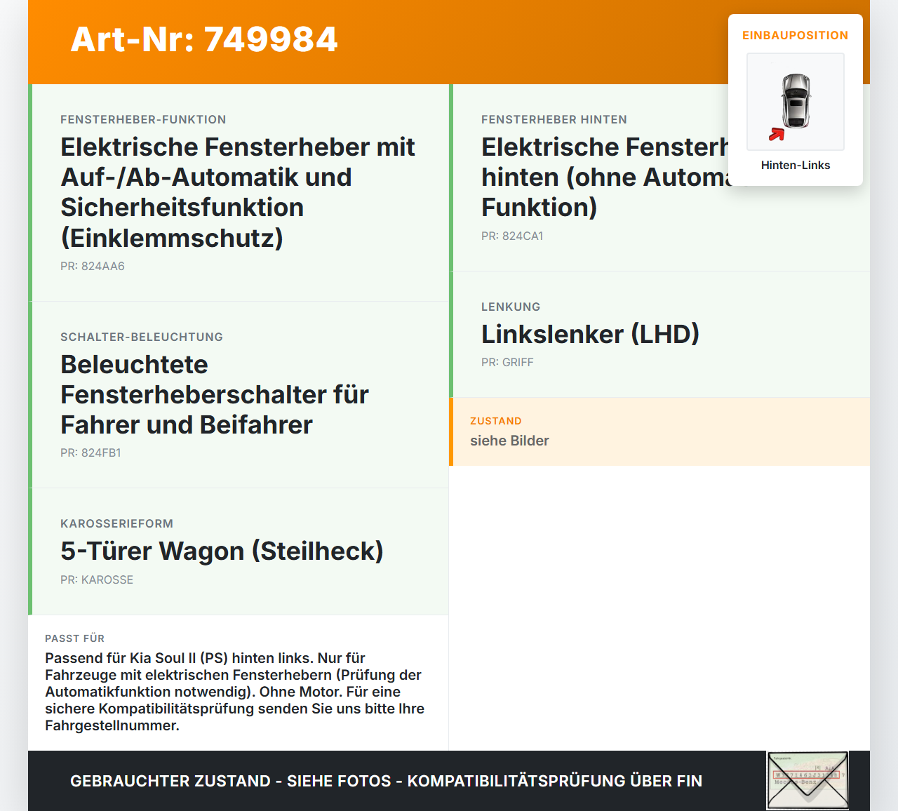 Kia Soul II PS 14-19 Fensterheber o. FH-Motor Hinten Links Kia Soul II PS 14-19 30.01.2015 C01-L070-K90-RL gebraucht Vorschau 3