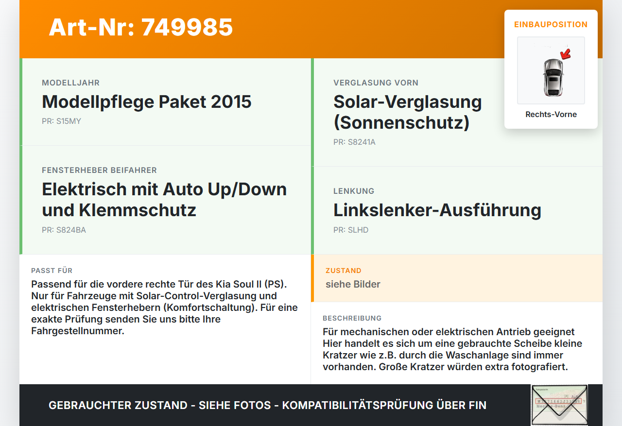 Kia Soul II PS 14-19 RVK Seitenscheibe für Tür Türscheibe Rechts Vorne Kia Soul II PS 14-19 30.01.2015 82421B-2020... Vorschau 3