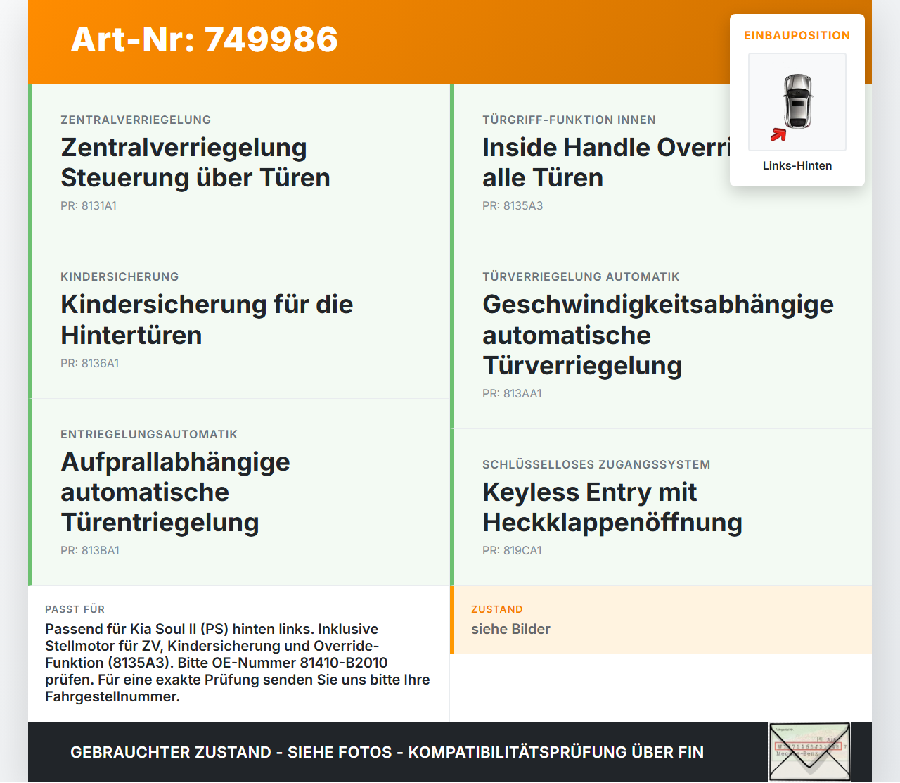 Kia Soul II PS 14-19 Türschloss m. ZV Stellmotor Links Hinten Kia Soul II PS 14-19 30.01.2015 81410-B2010... Vorschau 3