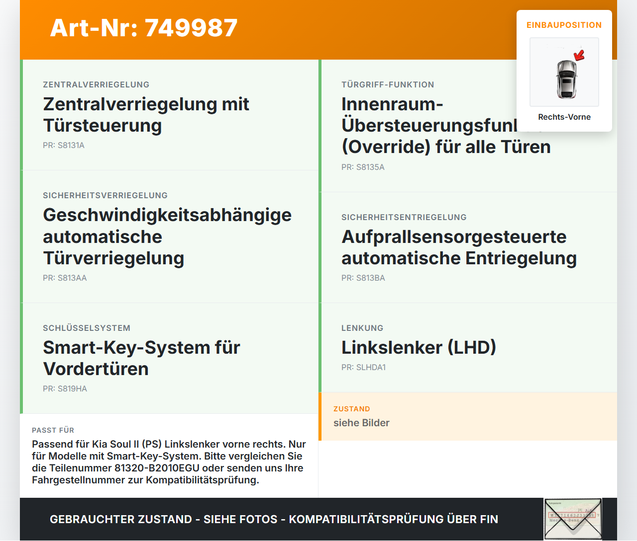 Kia Soul II PS 14-19 Türschloss m. ZV Stellmotor Rechts Vorne Kia Soul II PS 14-19 30.01.2015 81320B2010... Vorschau 3