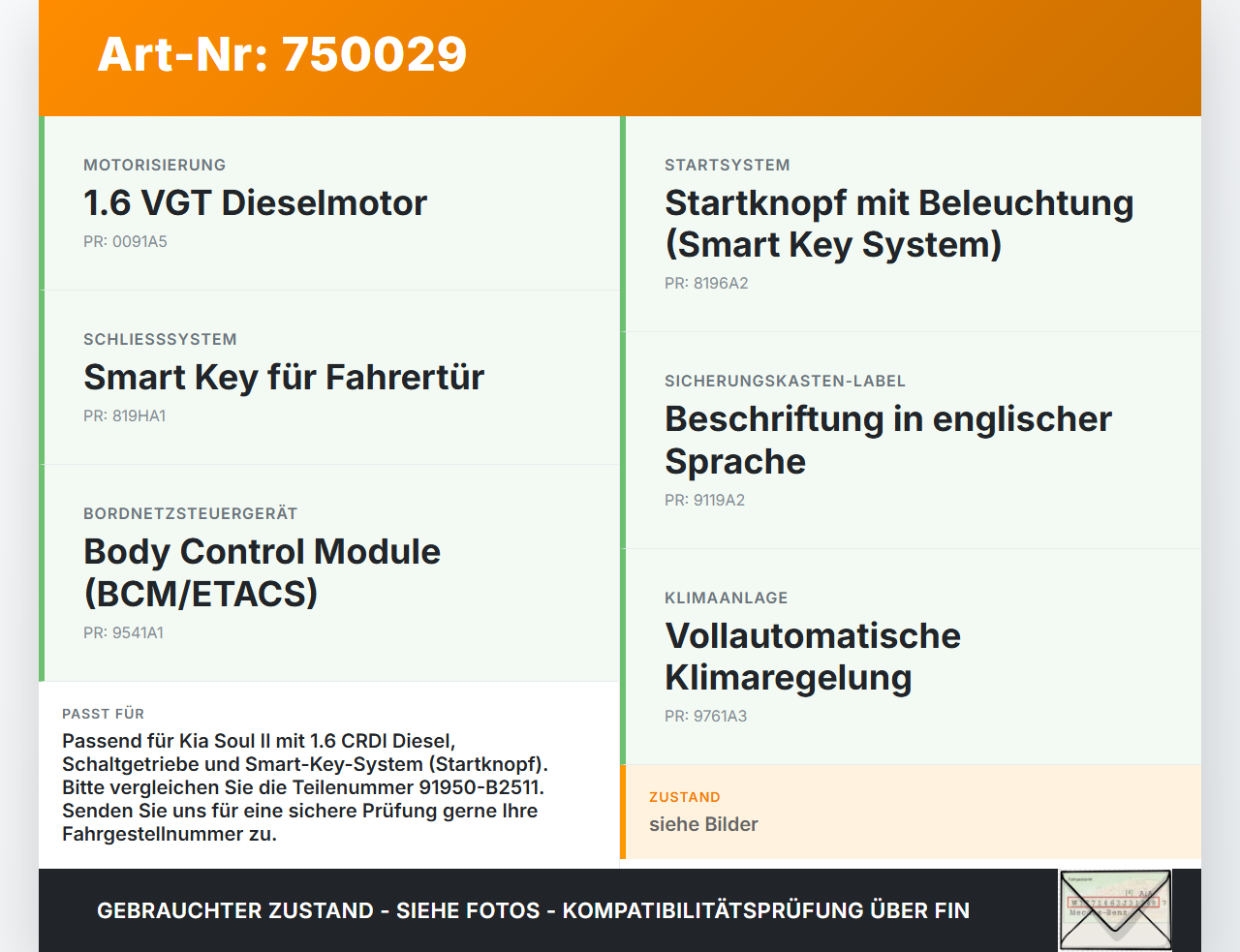 Kia Soul II PS 14-19 CRDI 1,6 94KW Sicherungskasten Zentralelektrik Kia Soul II PS 14-19 30.01.2015 91950-B2511... Vorschau 3