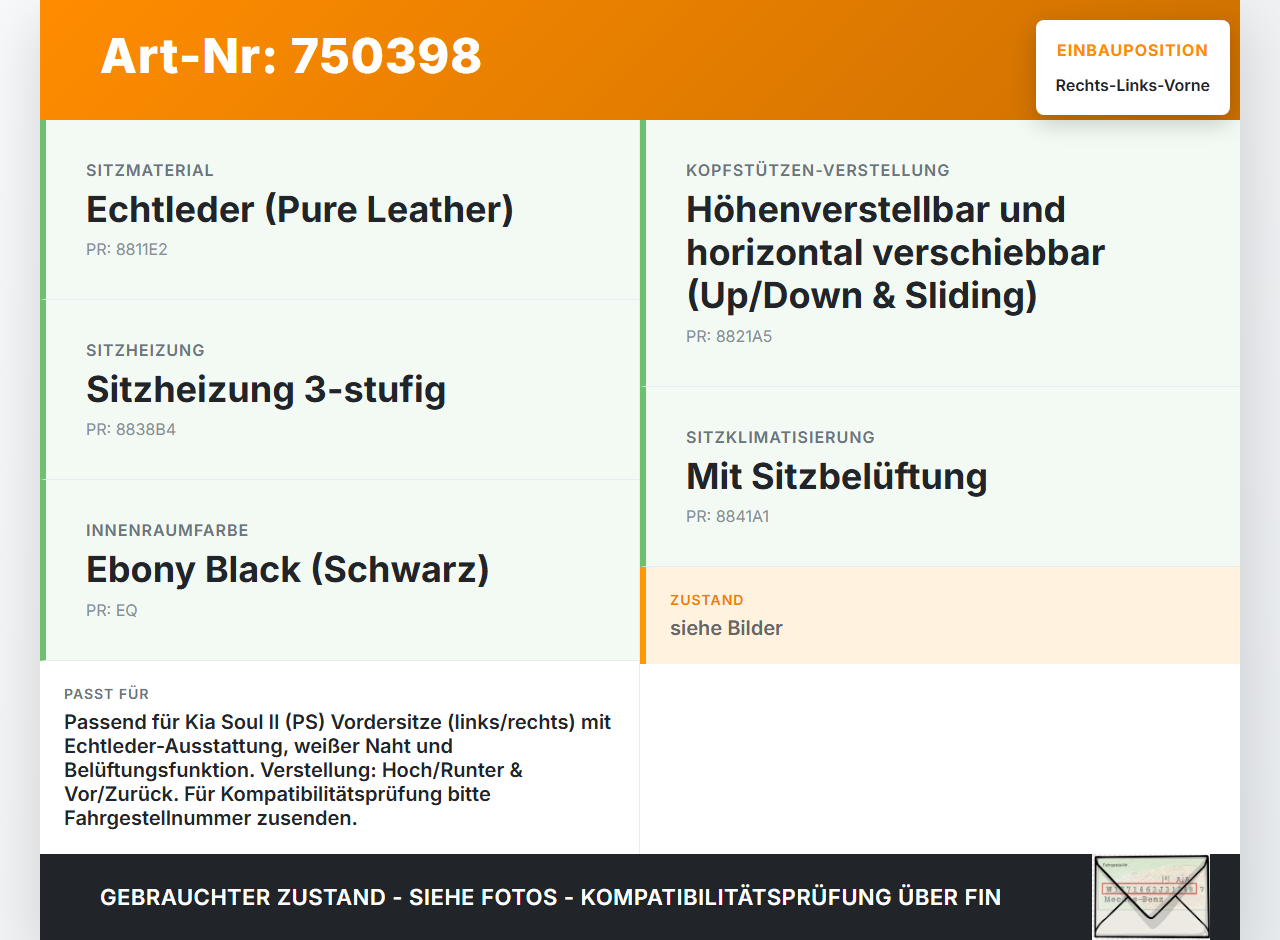 Kia Soul II PS 14-19 Leder Kopfstütze für Fahrer Sitz Rechts oder Links Vorne weiße Zier- Naht Kia Soul II PS 14-19... Vorschau 3