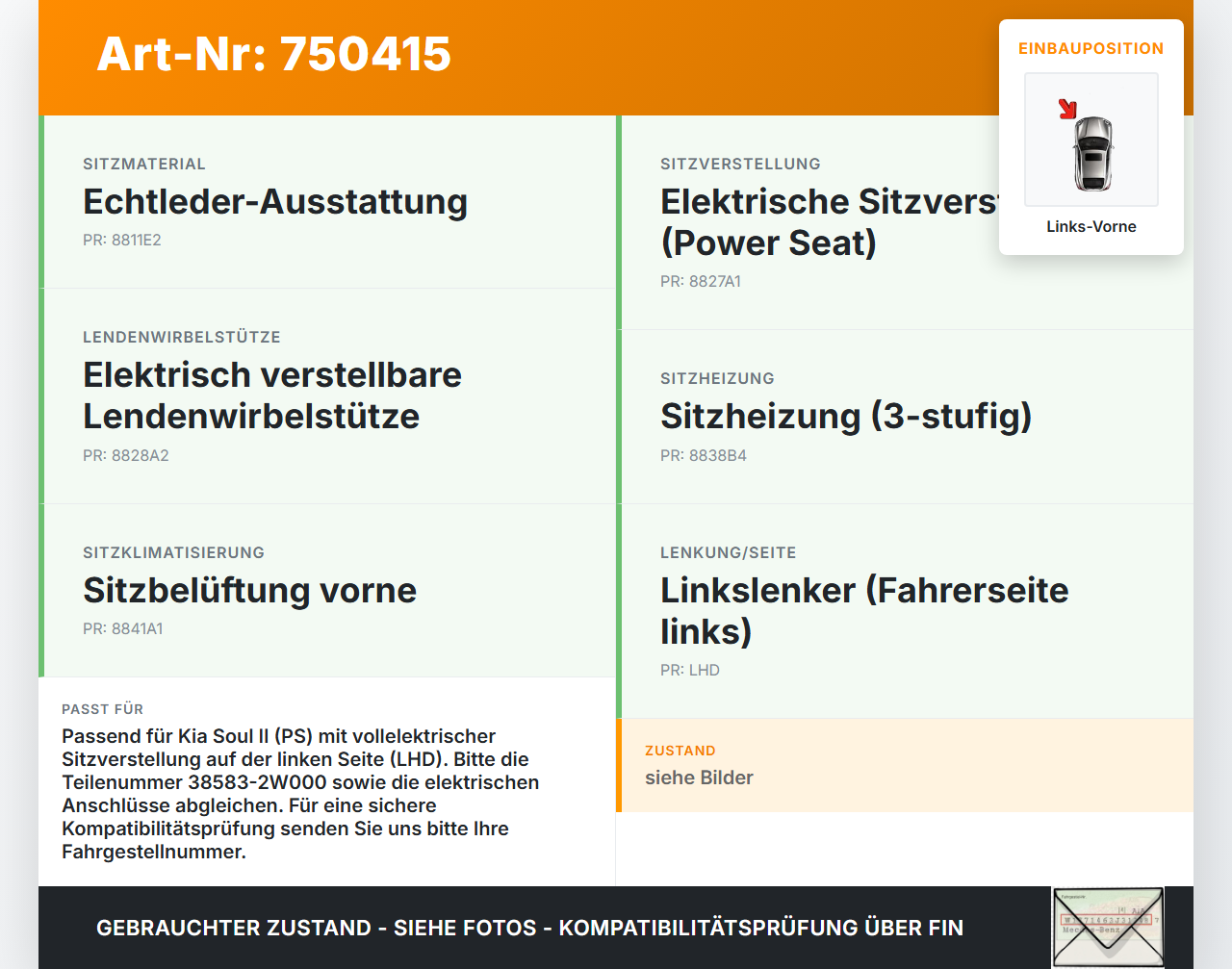 Kia Soul II PS 14-19 Stellmotor für Sitzverstellung Links Vorne Kia Soul II PS 14-19 30.01.2015 38583-2W000 8500323... Vorschau 3