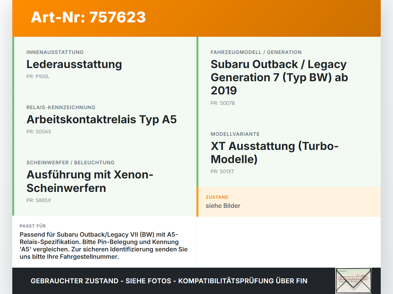 Subaru Outback Legacy 7 VII BW 19-22 Relais Sonstiges A5 Subaru Outback Legacy 7 VII BW 19-22 01.02.2020 gebraucht Vorschau 3