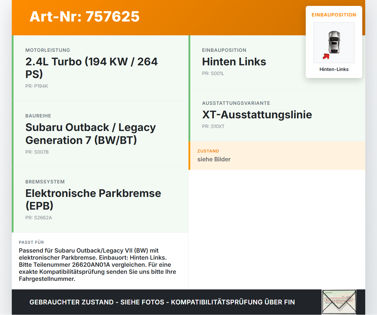 Subaru Outback Legacy 7 VII BW 19-22 2,4 194KW Stellmotor Parkbremse für Bremssattel Hinten Links Subaru Outback... Vorschau 3