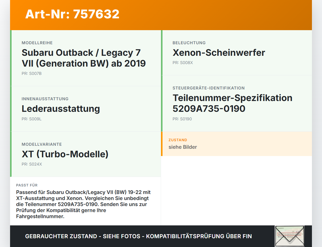 Subaru Outback Legacy 7 VII BW 19-22 Steuergerät ECU Modul SG AN Subaru Outback Legacy 7 VII BW 19-22 01.02.2020... Vorschau 3