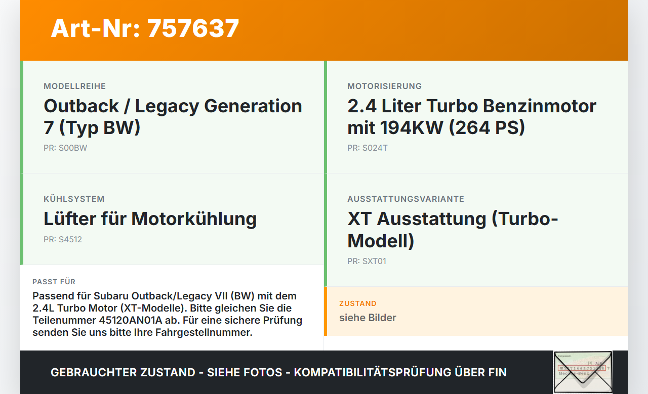Subaru Outback Legacy 7 VII BW 19-22 2,4 194KW Lüfter für Kühler Subaru Outback Legacy 7 VII BW 19-22 01.02.2020... Vorschau 3
