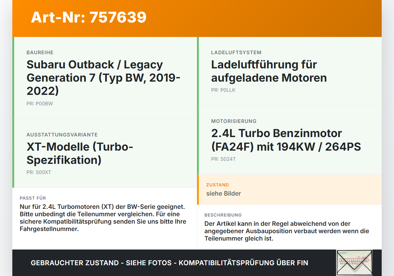 Subaru Outback Legacy 7 VII BW 19-22 2,4 194KW Ansaugrohr Ladeluftschlauch Luftschlauch Pos.1 Subaru Outback Legacy... Vorschau 3