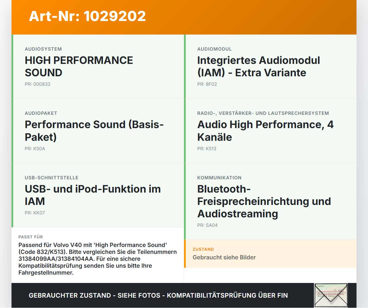 Volvo V40 525 12-16 Verstärker Endstufe für Soundsystem Volvo V40 525 12-16 01.01.2013 31384099AA 31384104AA gebraucht Vorschau 3