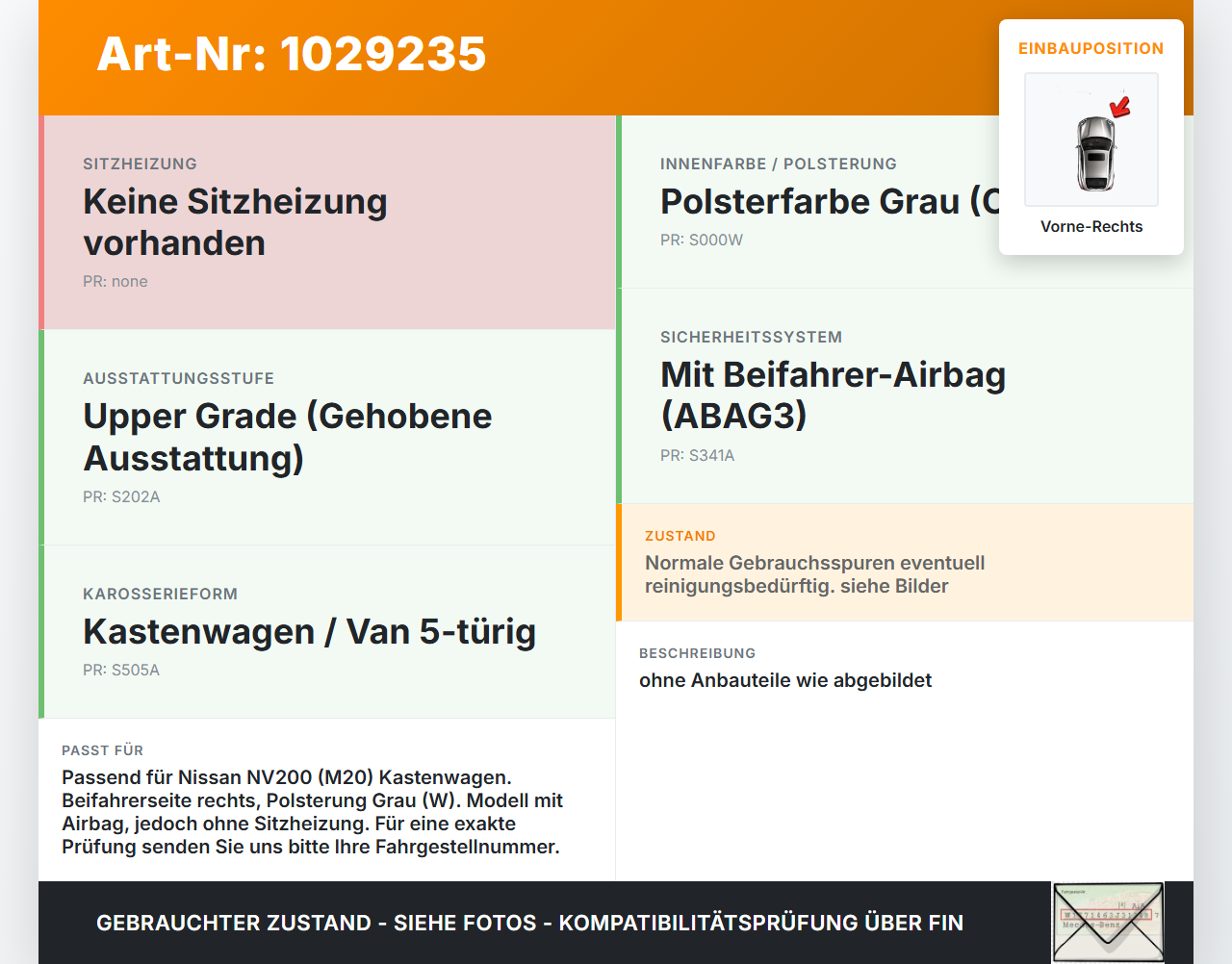 Nissan NV200 09-21 Kasten Sitz Beifahrersitz Vorne Rechts Nissan NV200 09-21 01.08.2010 gebraucht Vorschau 3