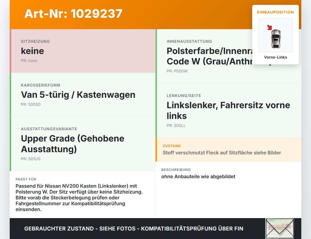 Nissan NV200 09-21 Kasten Sitz Fahrersitz Vorne Links Nissan NV200 09-21 01.08.2010 gebraucht Vorschau 3