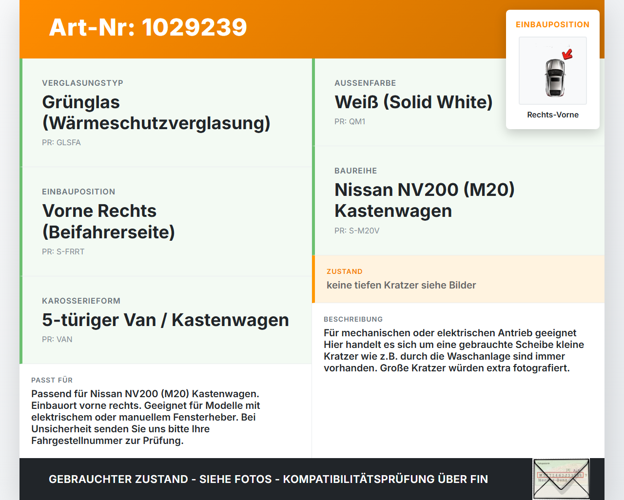 Nissan NV200 09-21 Kasten RVK Seitenscheibe für Tür Türscheibe Rechts Vorne Nissan NV200 09-21 01.08.2010 gebraucht Vorschau 3