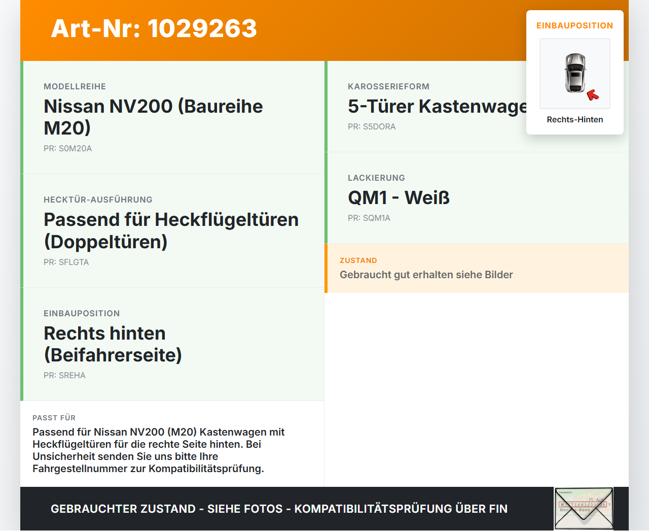 Nissan NV200 09-21 Kasten Türfangband Türbremse Türanschlag Rechts Hinten für Flügeltür Nissan NV200 09-21... Vorschau 3