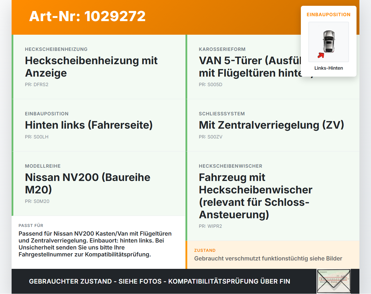 Nissan NV200 09-21 Kasten Schloss f. Flügeltür Heckklappenschloss Verriegelung Links Hinten Nissan NV200 09-21... Vorschau 3