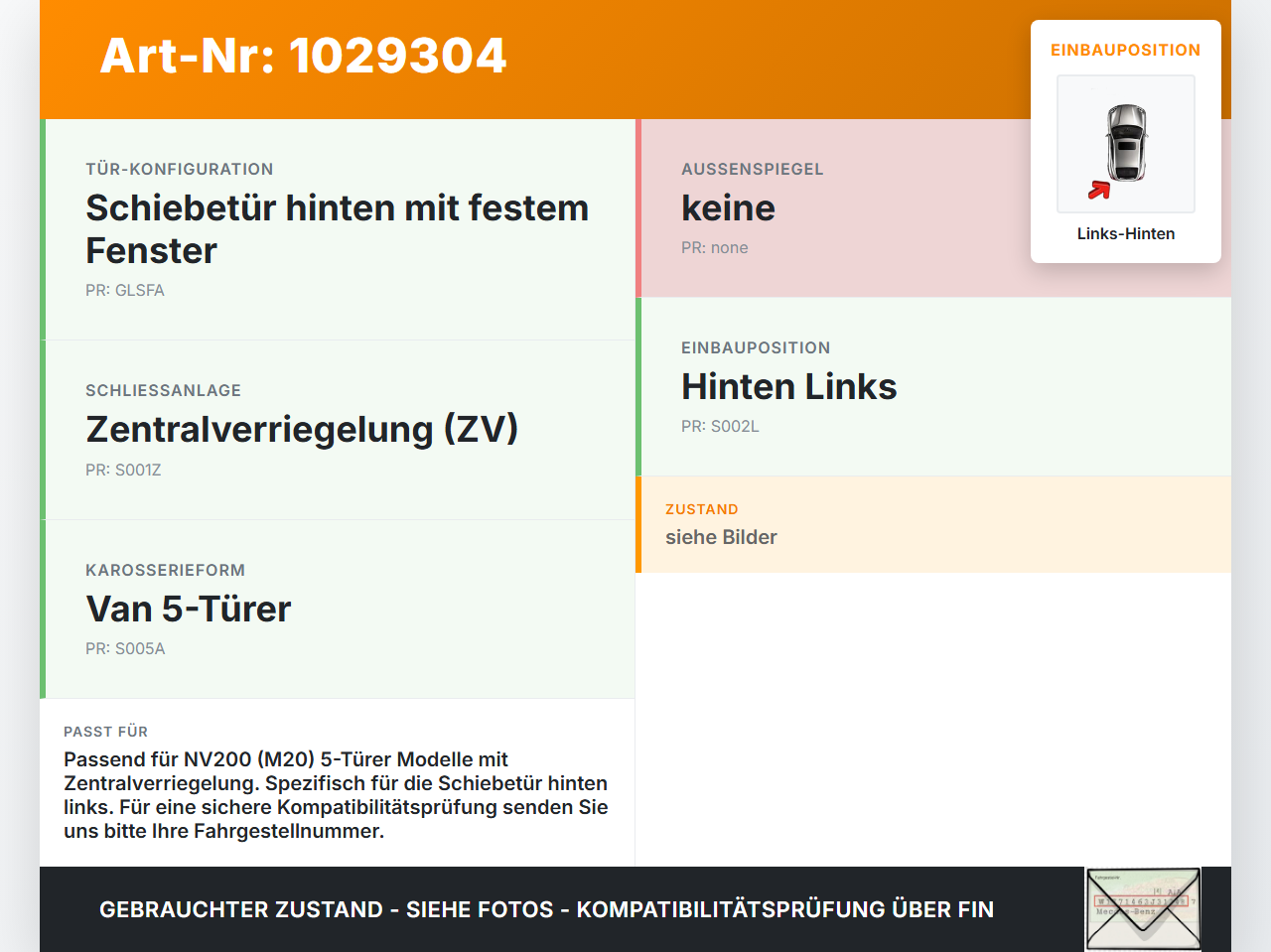Nissan NV200 09-21 Kontaktschalter Schalter für Tür Links Hinten Nissan NV200 09-21 01.08.2010 gebraucht Vorschau 3