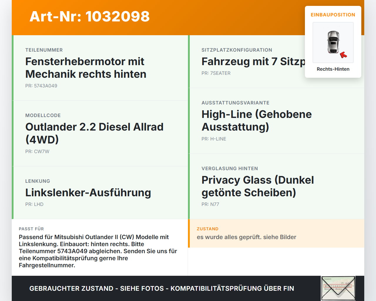 Mitsubishi Outlander CW II 07-10 Fensterhebermotor mit Fensterheber Rechts Hinten Mitsubishi Outlander CW II 07-10... Vorschau 3