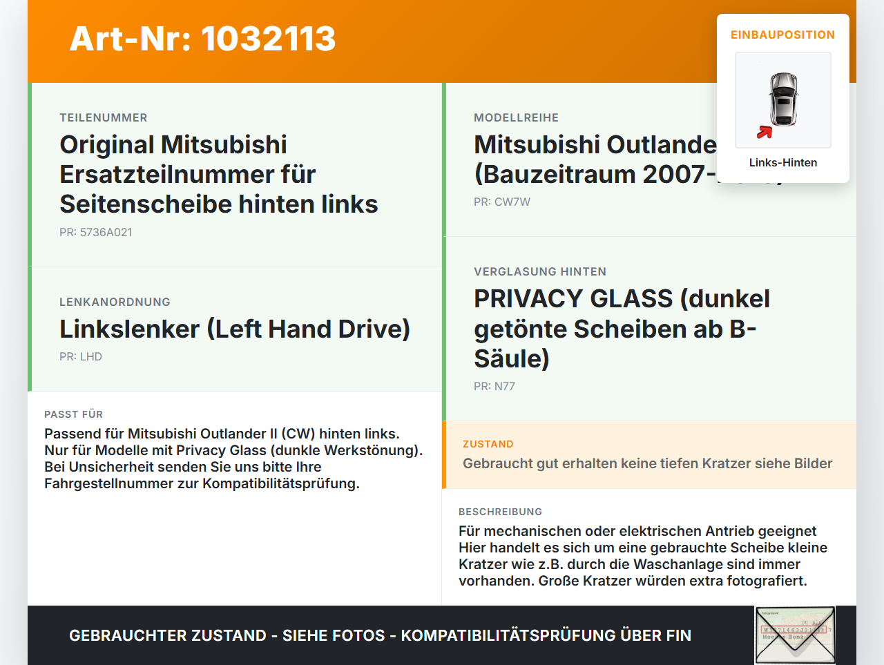 Mitsubishi Outlander CW II 07-10 LHK Seitenscheibe für Tür Fenster Scheibe Links Hinten Orig. getönt Mitsubishi... Vorschau 3