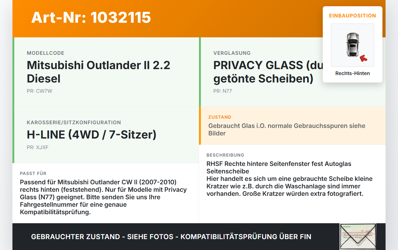 Mitsubishi Outlander CW II 07-10 RH Fest Seitenscheibe Scheibe Rechts Hinten Orig. getönt Mitsubishi Outlander CW... Vorschau 3