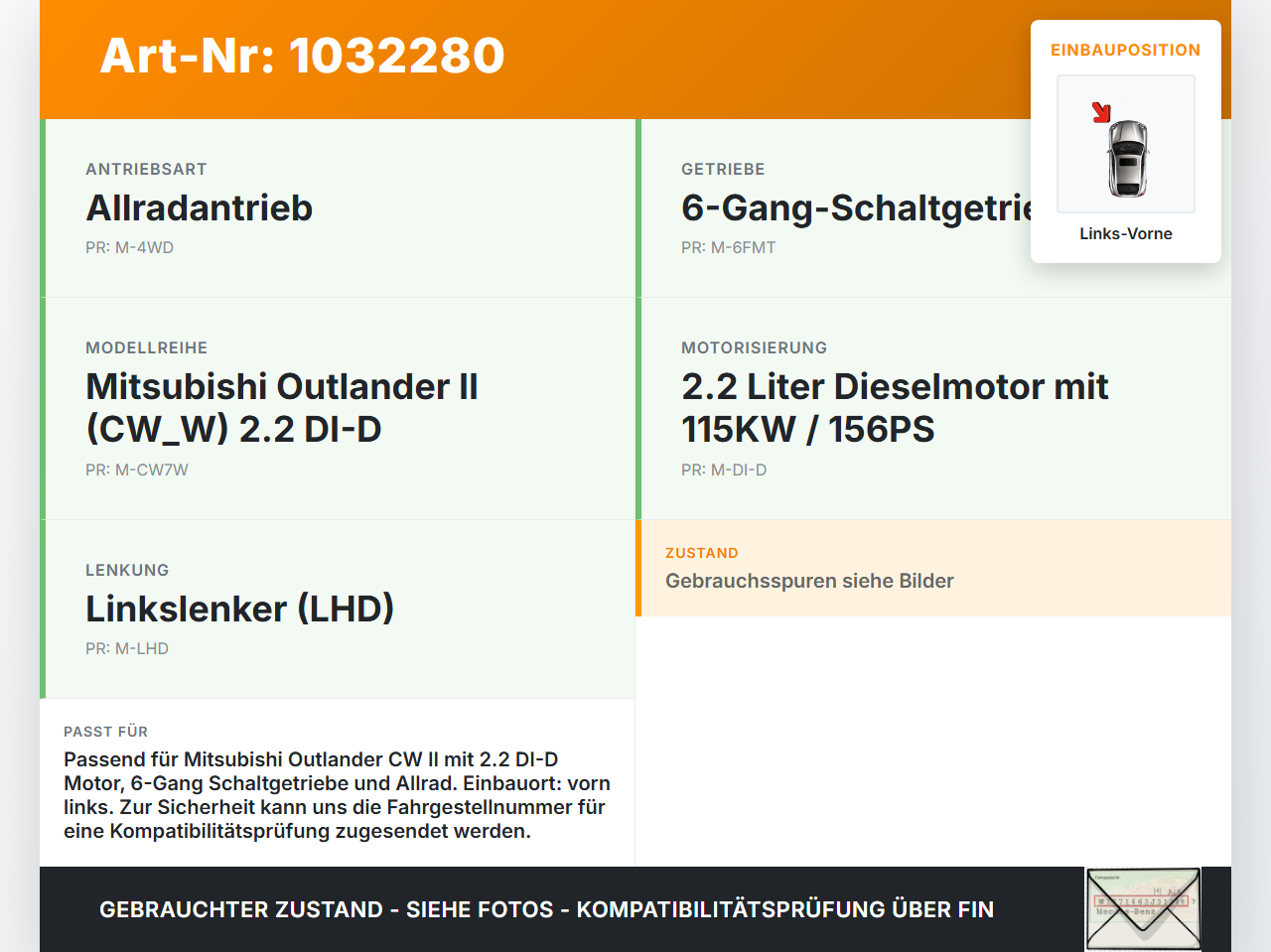 Mitsubishi Outlander CW II 07-10 DI-D 2,2 115KW 4WD Antriebswelle Gelenkwelle Links Vorne Mitsubishi Outlander CW... Vorschau 3