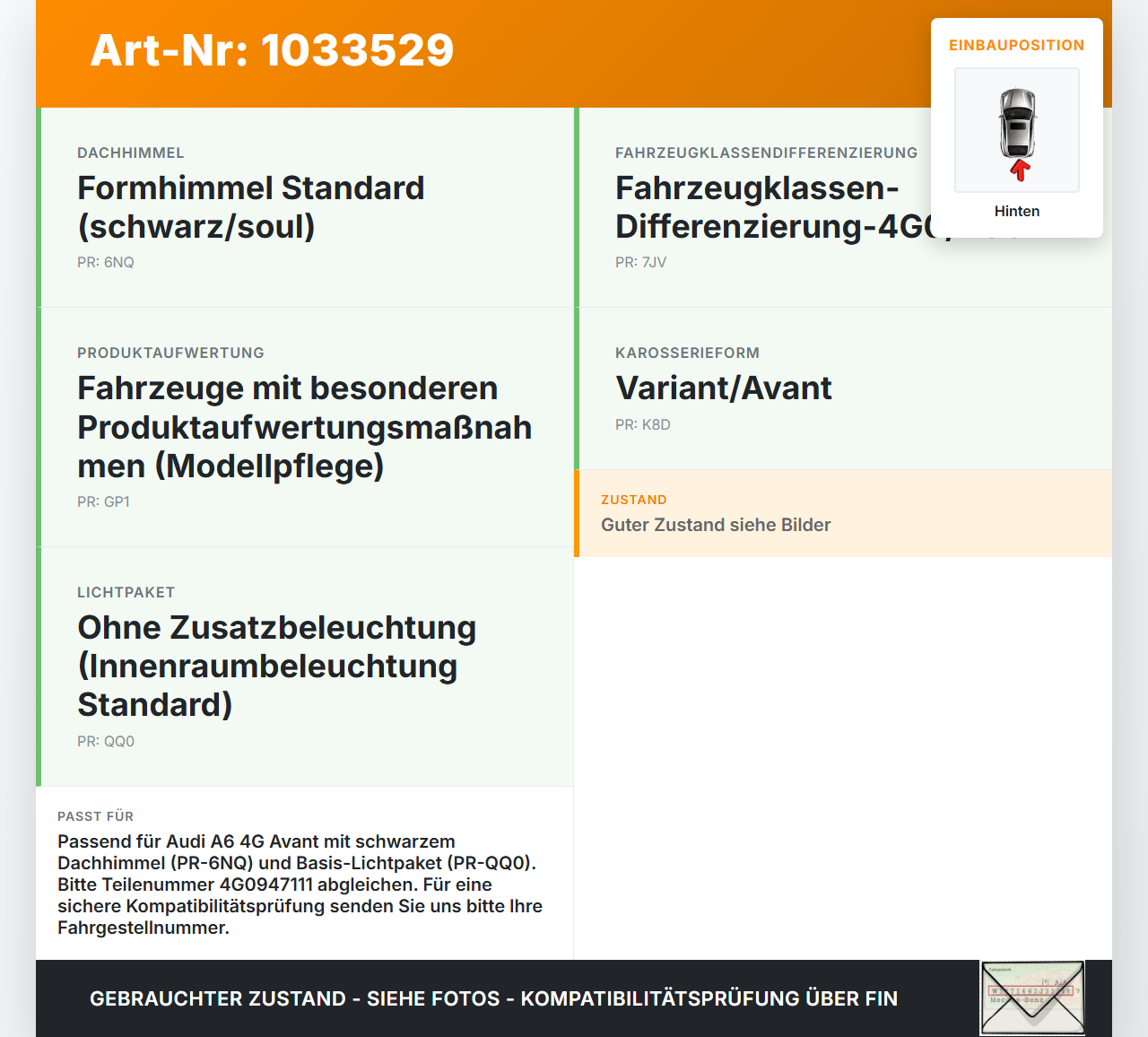 Audi A6 4G 11-14 Innenleuchte Innenraumleuchte Hinten Audi A6 4G 11-14 02.07.2013 4G0947111 gebraucht Vorschau 3