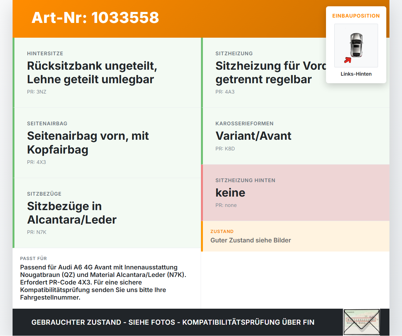 Audi A6 4G 11-14 Kombi Seitenpolster Links für Rücksitzbank Hinten Nougatbraun Audi A6 4G 11-14 02.07.2013... Vorschau 3