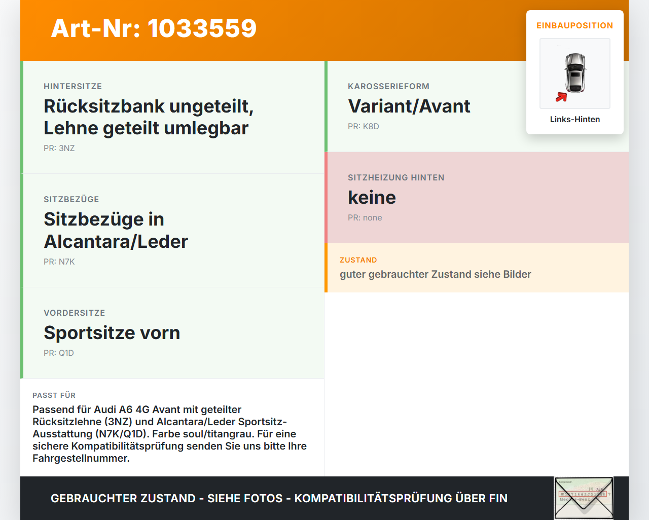 Audi A6 4G 11-14 Kombi Sitzbezug Rückenpolster Links für Rücksitzbank Hinten Audi A6 4G 11-14 02.07.2013 4G0885805S... Vorschau 3