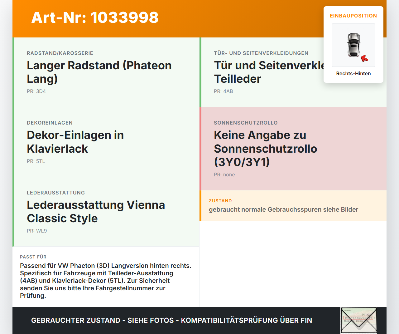 VW Phaeton 3D 10-16 Kurz Türverkleidung Türpappe Rechts Hinten VW Phaeton 3D 10-16 15.12.2011 3D4867212AK gebraucht Vorschau 3