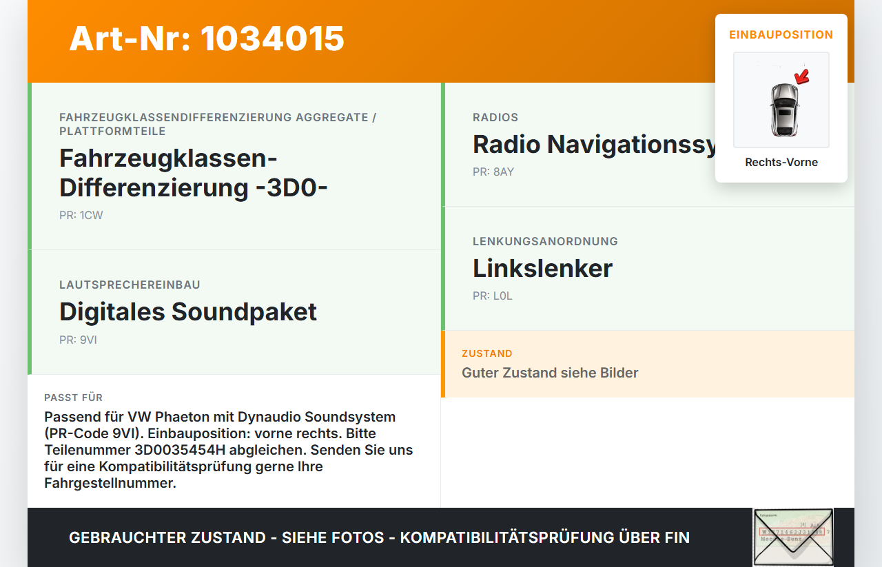 VW Phaeton 3D 10-16 Dynaudio Lautsprecher Bass Tieftöner Rechts Vorne VW Phaeton 3D 10-16 15.12.2011 3D0035454H... Vorschau 3