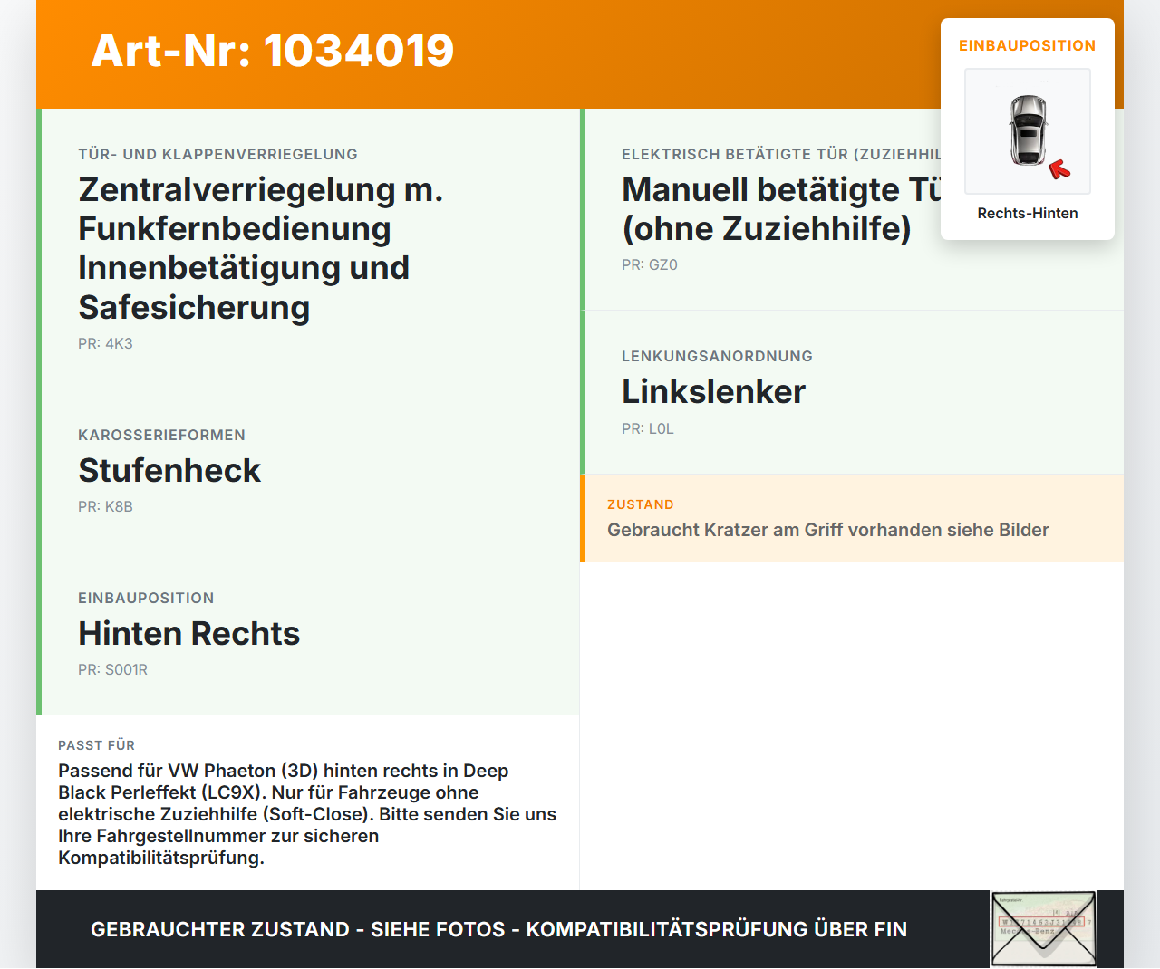 VW Phaeton 3D 10-16 Kurz Türgriff Griff aussen Rechts Hinten LC9X VW Phaeton 3D 10-16 15.12.2011 3D0837886L gebraucht Vorschau 3