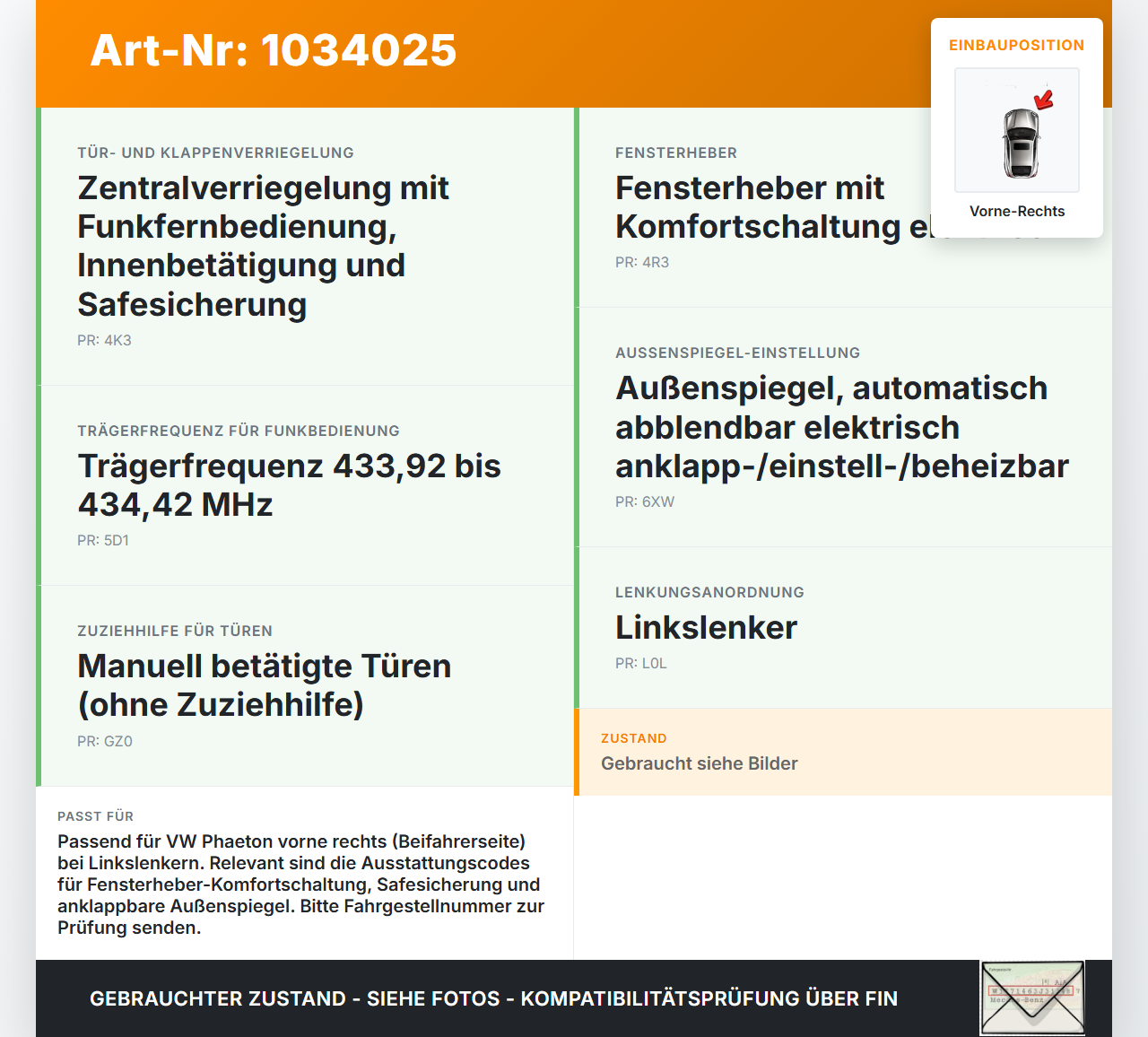 VW Phaeton 3D 10-16 Kurz Fensterhebermotor Steuergerät Tür Vorne Rechts VW Phaeton 3D 10-16 15.12.2011 3D1959702H... Vorschau 3