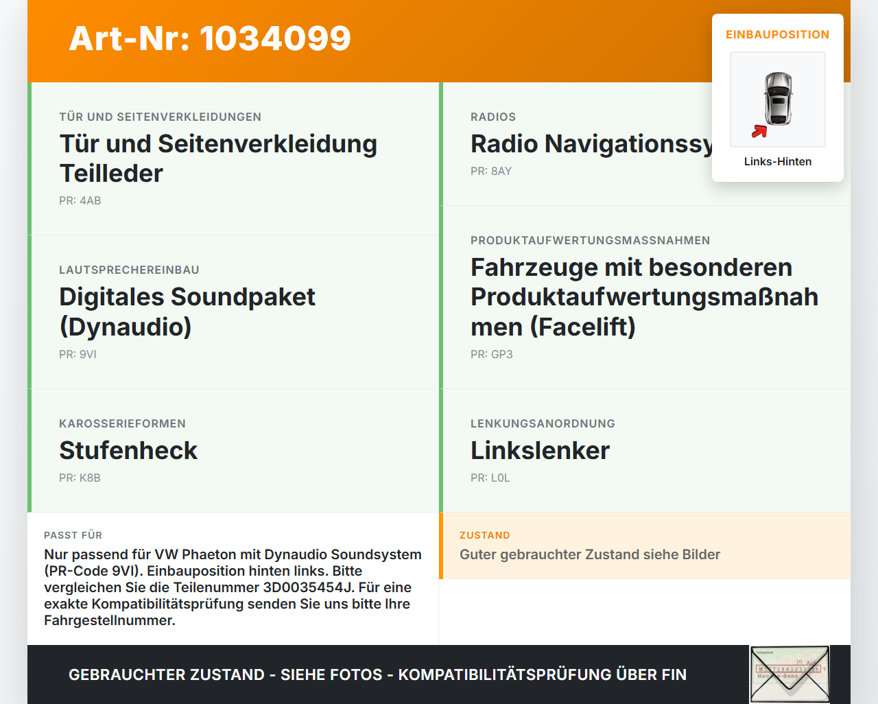 VW Phaeton 3D 10-16 Lautsprecher Links Hinten Orig. DynAudio VW Phaeton 3D 10-16 15.12.2011 3D0035454J 7170122 gebraucht Vorschau 3