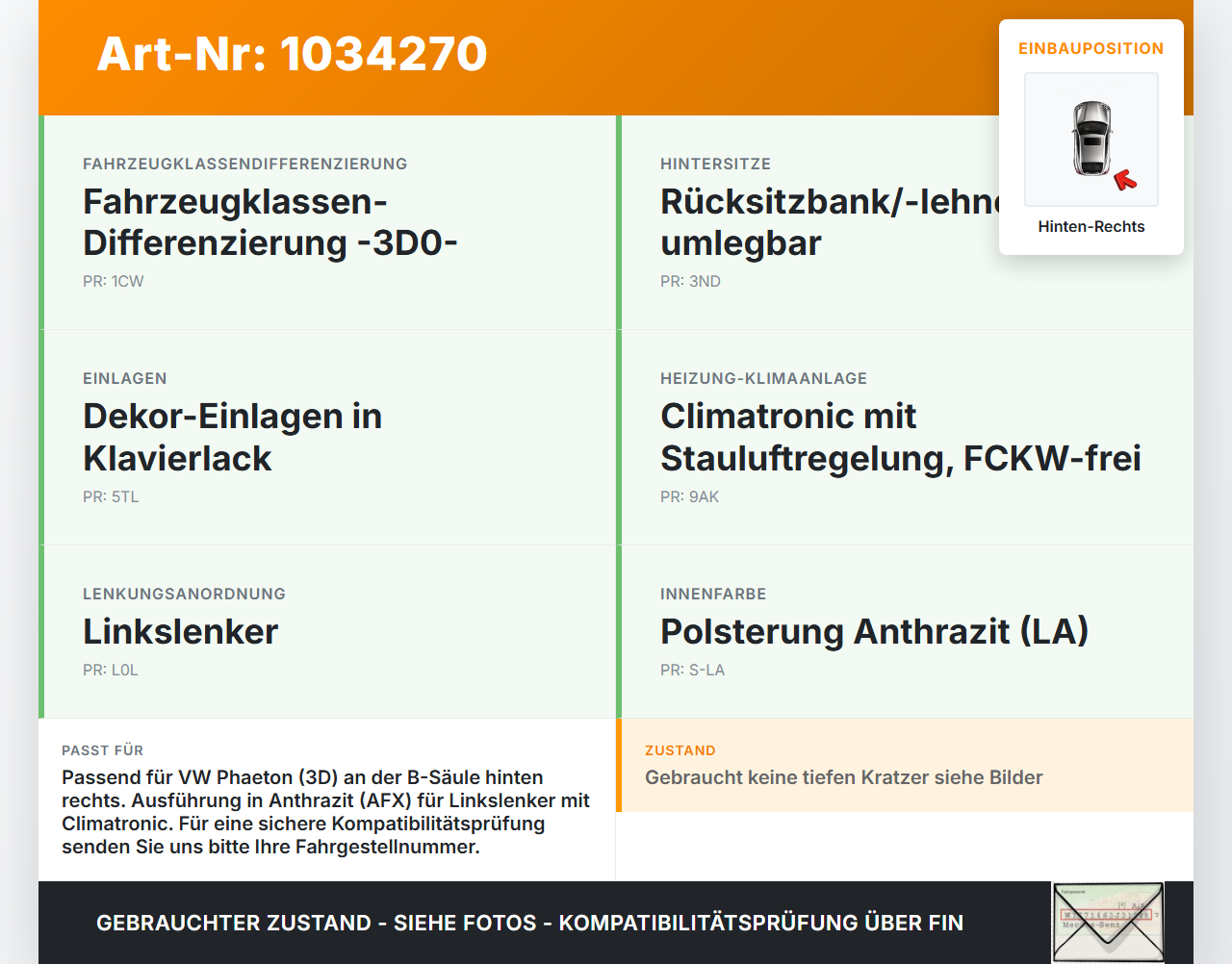 VW Phaeton 3D 10-16 3,0 176KW Luftdusche Luftdüse B-Säule Hinten Rechts VW Phaeton 3D 10-16 15.12.2011 3D0819202E... Vorschau 3