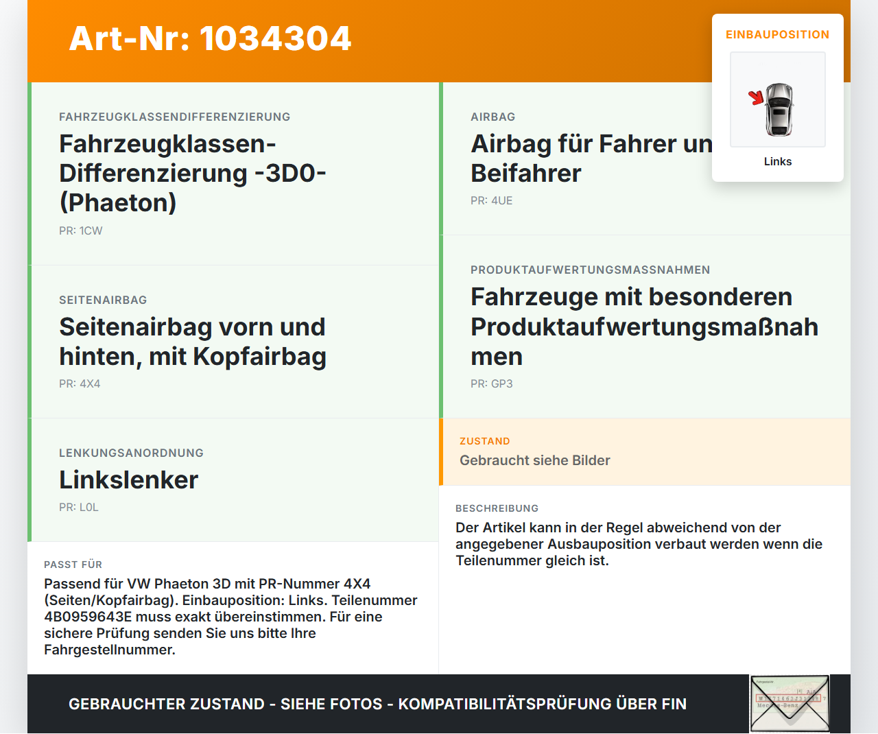 VW Phaeton 3D 10-16 Airbag Crashsensor Aufprallsensor Sensor Links VW Phaeton 3D 10-16 15.12.2011 f4B0959643E... Vorschau 3