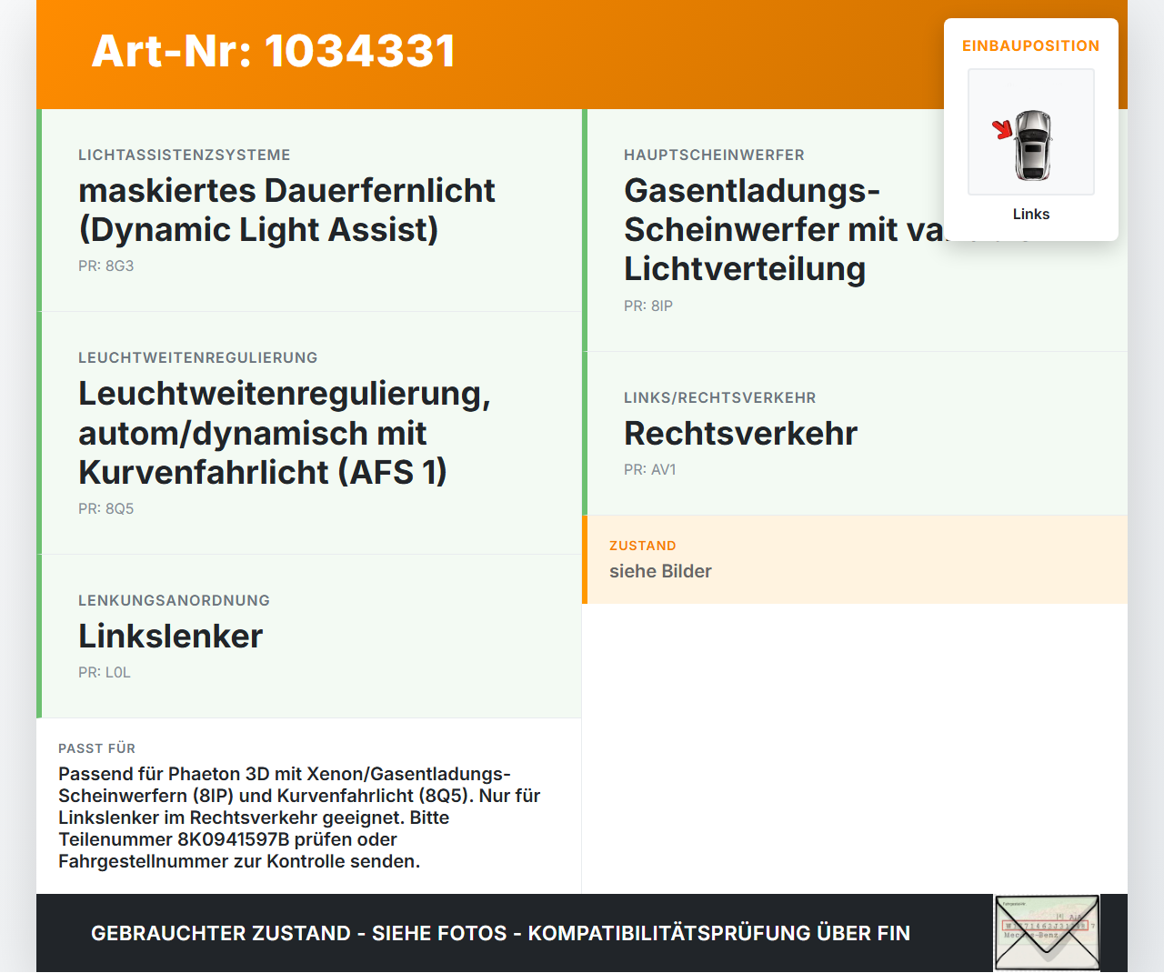 VW Phaeton 3D 10-16 Xenon Vorschaltgerät Links VW Phaeton 3D 10-16 15.12.2011 8K0941597B 1036060024 gebraucht Vorschau 3