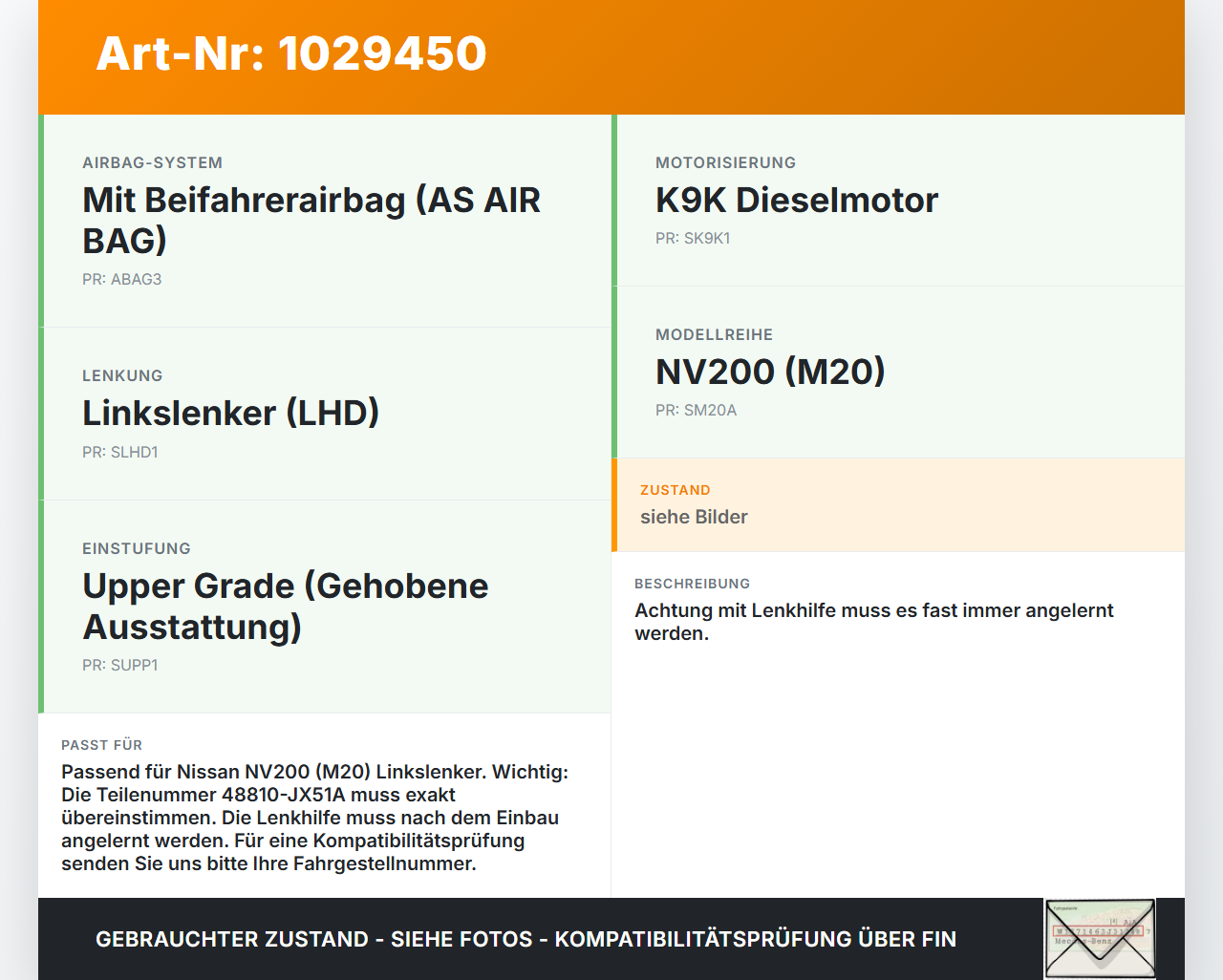 Nissan NV200 09-21 Lenkhilfe elektr. Lenksäule Nissan NV200 09-21 01.08.2010 48810-JX51A 6900001869 gebraucht Vorschau 3