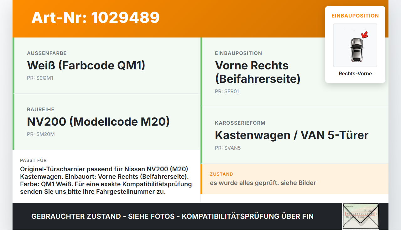 Nissan NV200 09-21 Kasten Türscharnier Scharnier für Tür Rechts Vorne Nissan NV200 09-21 01.08.2010 gebraucht Vorschau 3