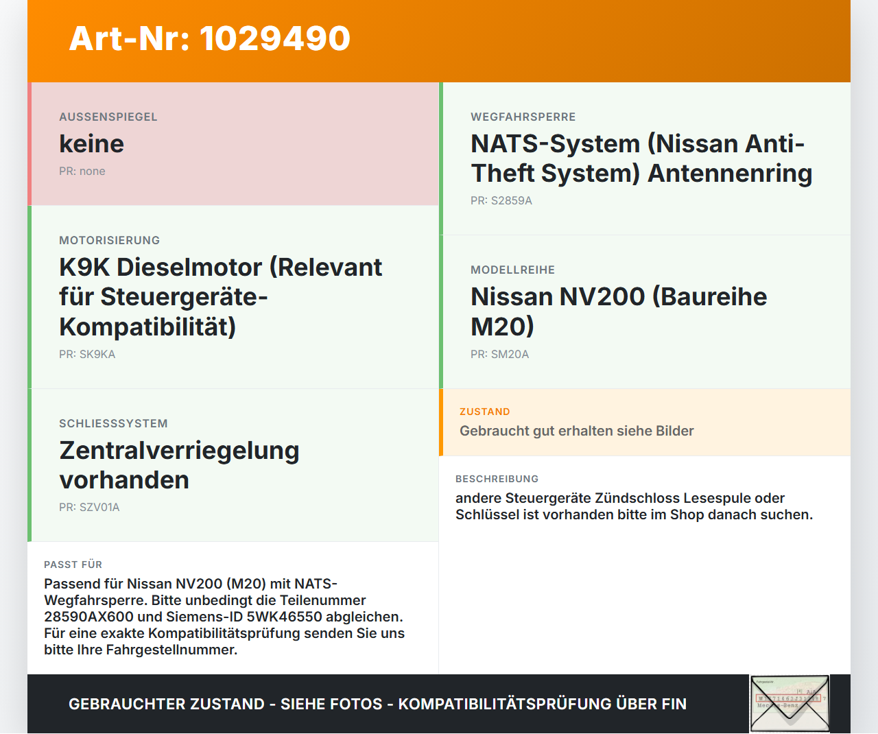 Nissan NV200 09-21 Lesespule Wegfahrsperre Antenne NATS Ring Nissan NV200 09-21 01.08.2010 28590AX600 5WK46550 gebraucht Vorschau 3