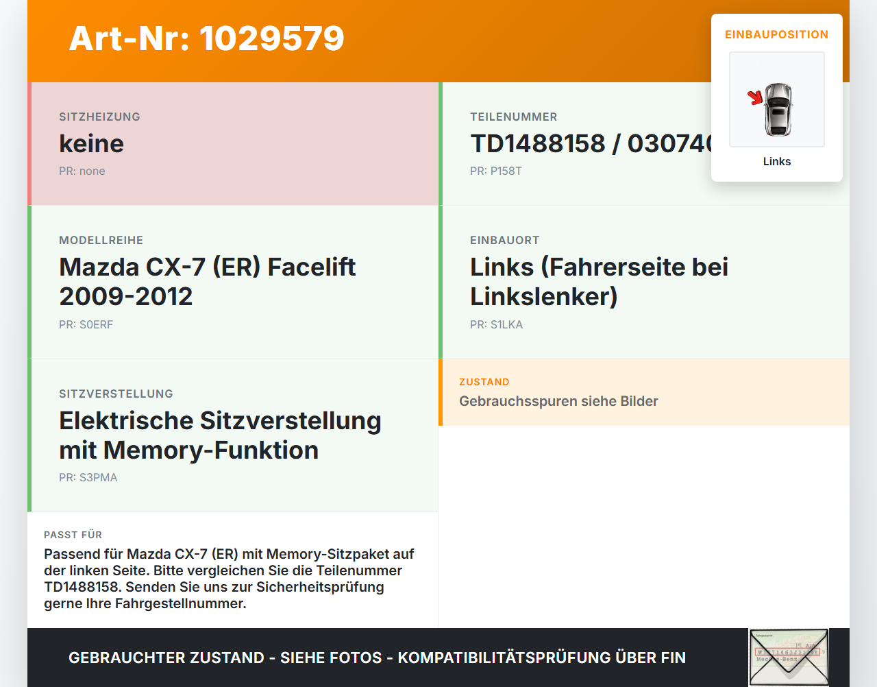 Mazda CX-7 CX7 ER 09-12 Schalter Sitzverstellung Memory Sitz Links Mazda CX-7 CX7 ER 09-12 20.12.2010 TD1488158... Vorschau 3