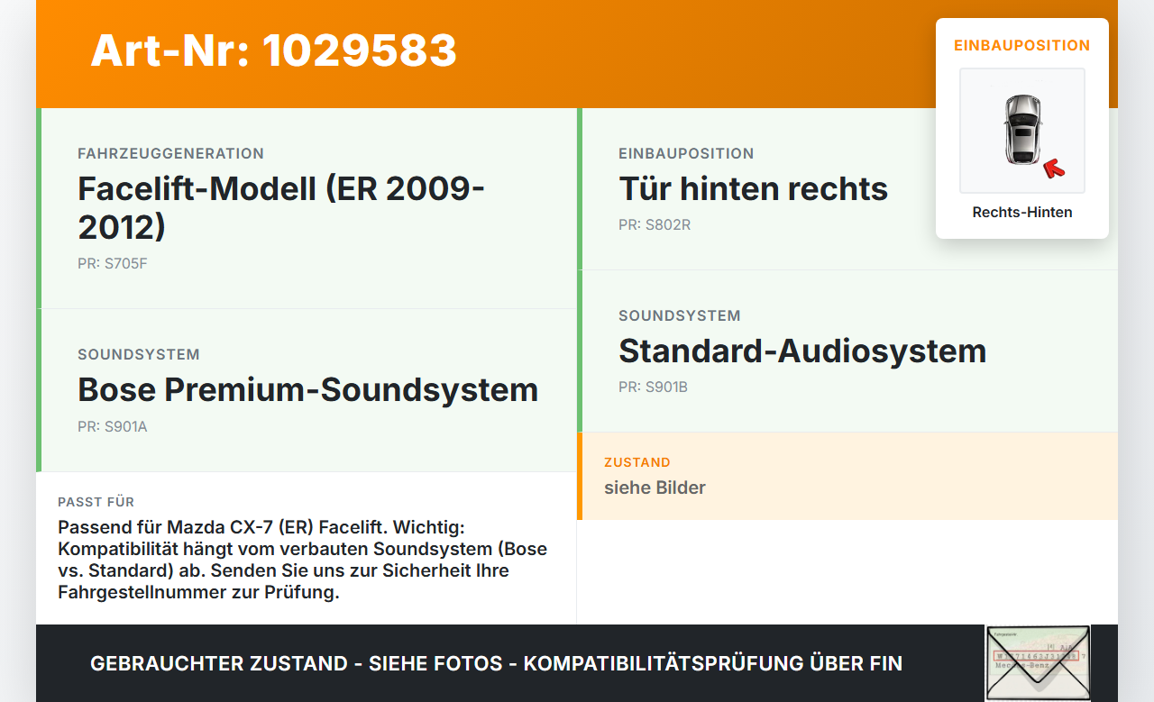 Mazda CX-7 CX7 ER 09-12 Lautsprecher Mitteltöner Rechts Hinten Mazda CX-7 CX7 ER 09-12 20.12.2010 gebraucht Vorschau 3