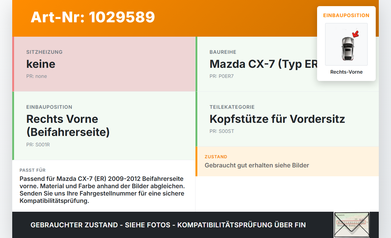 Mazda CX-7 CX7 ER 09-12 Kopfstütze Beifahrersitz Rechts Vorne Mazda CX-7 CX7 ER 09-12 20.12.2010 gebraucht Vorschau 3