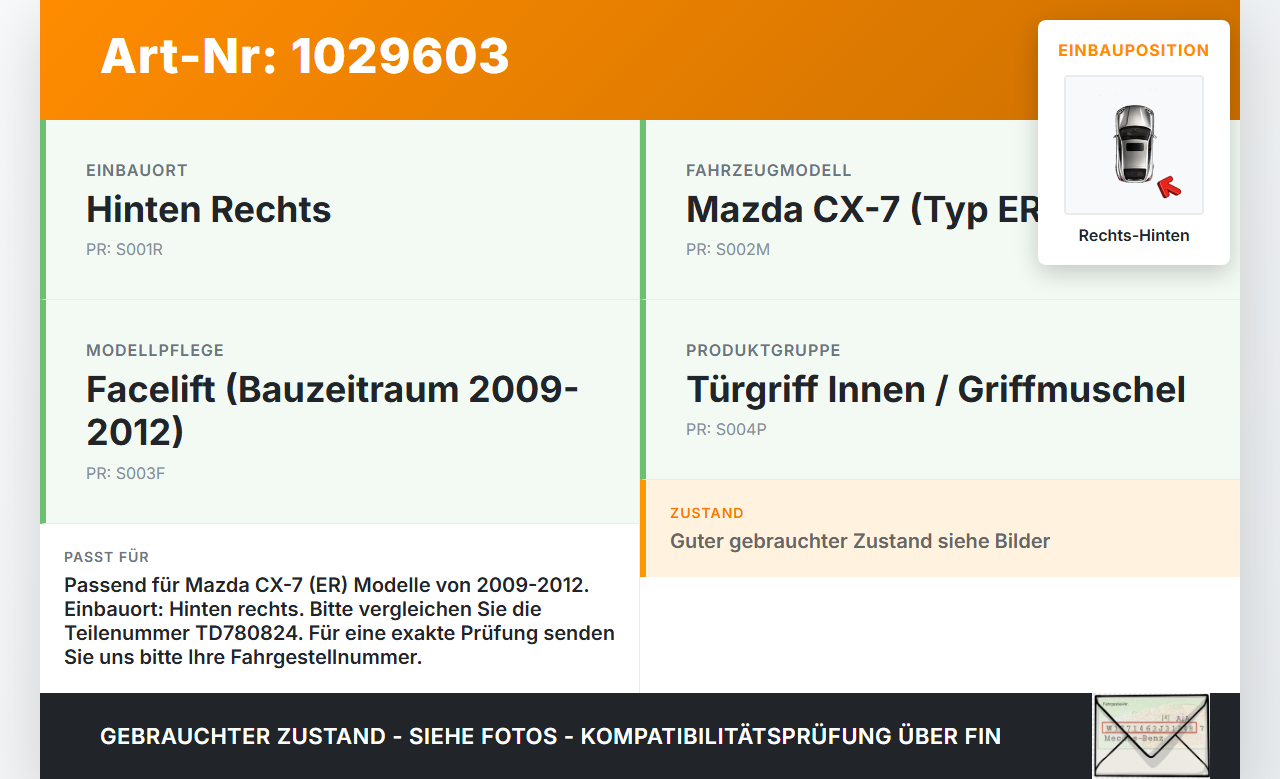 Mazda CX-7 CX7 ER 09-12 Griff Griffmuschel Türgriff Innen Rechts Hinten Mazda CX-7 CX7 ER 09-12 20.12.2010 TD780824... Vorschau 3